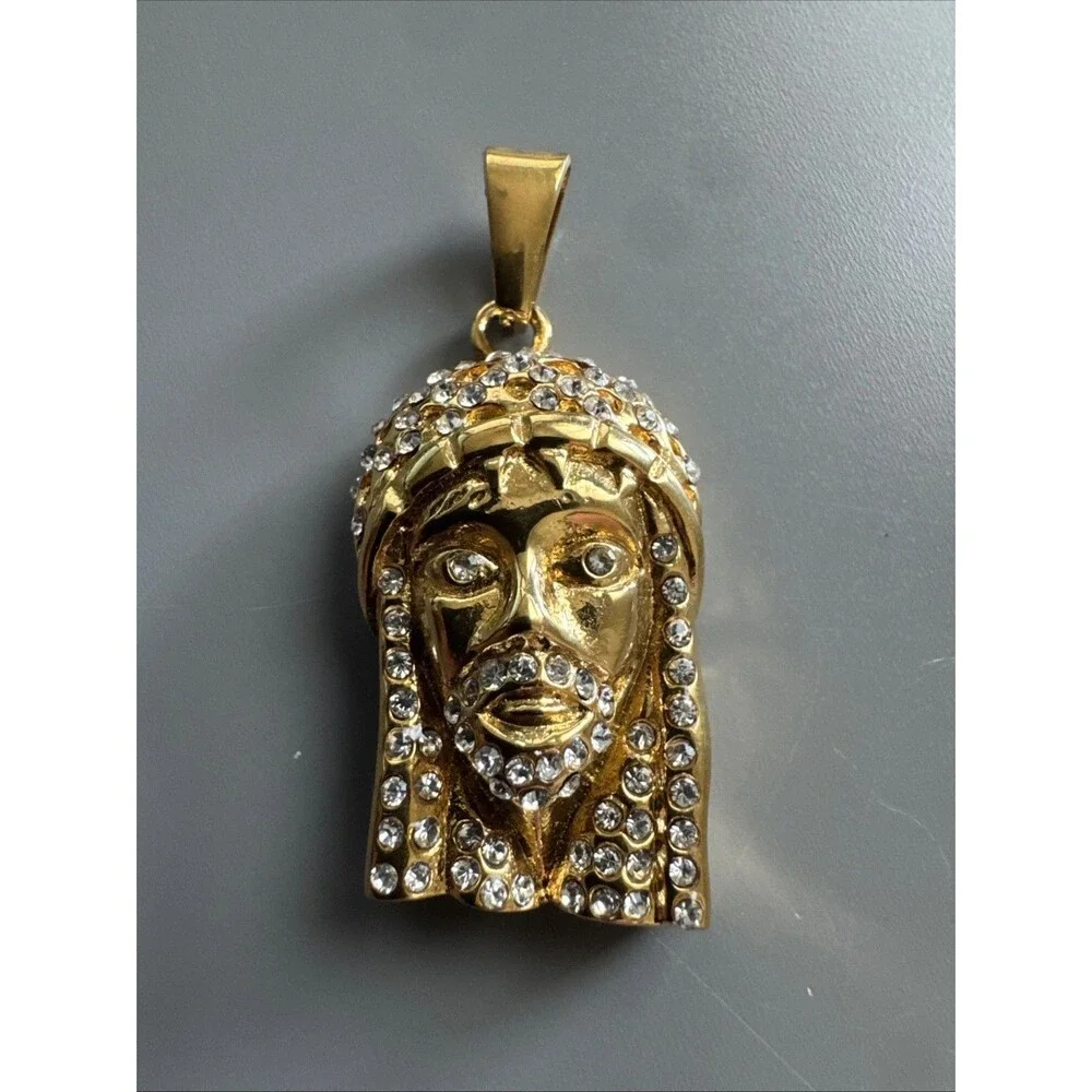 Jesus Christ Head Face Pendant Gold Plated Cubic Zirconia Stainless Steel 24”